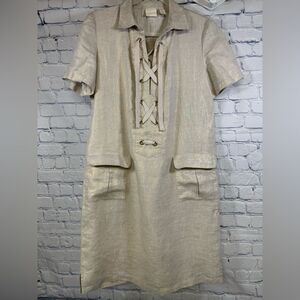 Chicos Oatmeal Gold Foiled Linen Lace Up Classic Coastal Short Shift Dress S